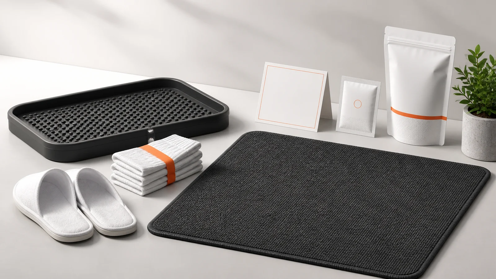 Crocs-Off threshold kit with mat, shoe tray, guest socks, sign, odor insert, refill pack, and guest slippers